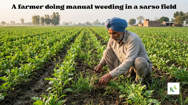 A farmer doing manual weeding in a sarso field